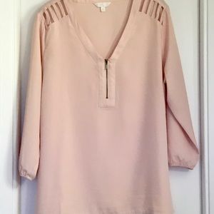 Charming Charlie Pink Blouse With Short Front Zipper and Sleeves With Elastic
